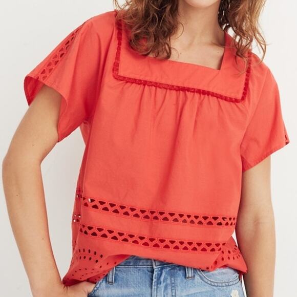 Madewell Tops - Madewell Eyelet Angelica Top Short Sleeve Blouse Washed Red sz Small